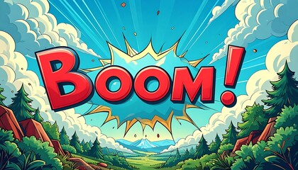 Cartoon explosion over a landscape