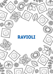 Traditional Italian pasta sketch. Ravioli frame. Italian food. Staple food. Hand drawn vector illustration. Background for packaging, menu. Top view. Not AI