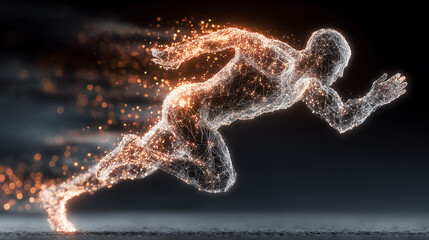 Digital Human Runner Sprinting with Glowing Data Particles