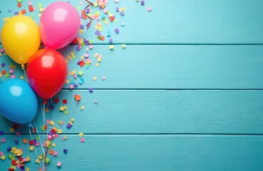 Cheerful blue wood background with rainbow balloons, colorful confetti scattered. Festive scene with vibrant streamers perfect for birthday celebrations, parties, holiday events. Use lively graphic