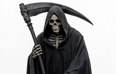 Halloween full-body portrait of the Grim Reaper holding a phone. Black robe, skeleton mask, scythe at side, hand near chest showing screen. White background, sharp focus, high-res, dramatic lighting.
