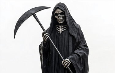 Halloween-themed full-body portrait of the Grim Reaper holding a phone. Black robe, skeleton mask, scythe at side, hand near chest showing screen. White background,  sharp focus, 