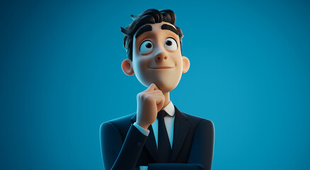 3D cartoon of a cute, happy man in a suit, hand on chin in a thinking pose. Isometric view, flat colors, simple design in Blender style, 