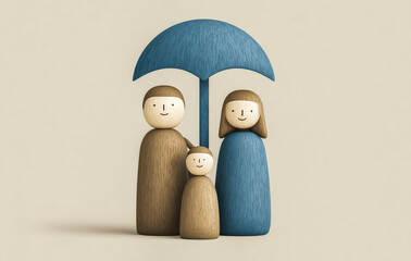 Minimalist illustration of adult, child, and baby wooden figures standing together under a blue canopy symbolizing family protection. Clean lines, subtle details, neutral background for clarity.