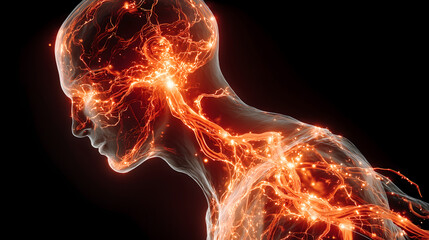 Human Nervous System with Glowing Electrical Impulses and Brain Activity