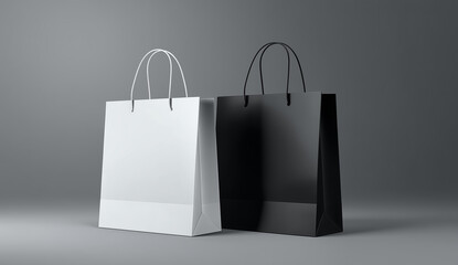 Black and white shopping bag vector set on grey background with copy space. Clean product mock-up template, isolated paper package icon for branding or design use.