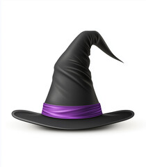 3D Halloween black witch hat with purple band, isolated on white background. Simple, clean design, ideal for festive illustrations or decorative purposes.