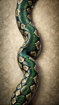Dark green and black python skin with distinctive scale patterns on a beige background