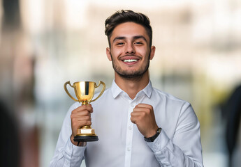 Young businessman holding golden trophy, celebrating success on white background with space for text. High-resolution, color-graded photo illustration in sharp, professional detail.