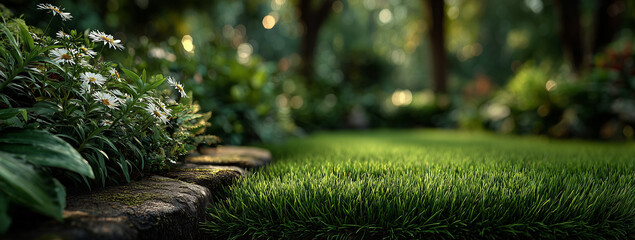 Spring Green Grass Sunlight Bokeh Background, Banner Design Nature Landscape with Product Placement Space
