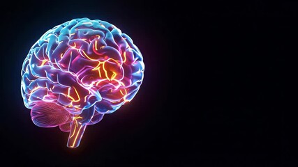 Glowing 3D brain animation with neural activity. Rotating digital model representing intelligence and thinking. Neuroscience and artificial intelligence concept with copy space. - Powered by Adobe