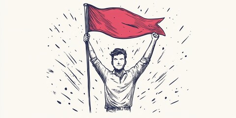 Success leader business doodle icons Man with leadership flag doodle line sketch award