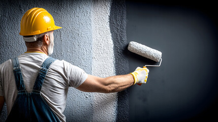 Rear view of construction worker in yellow hard hat painting a textured dark grey wall white with a paint roller
