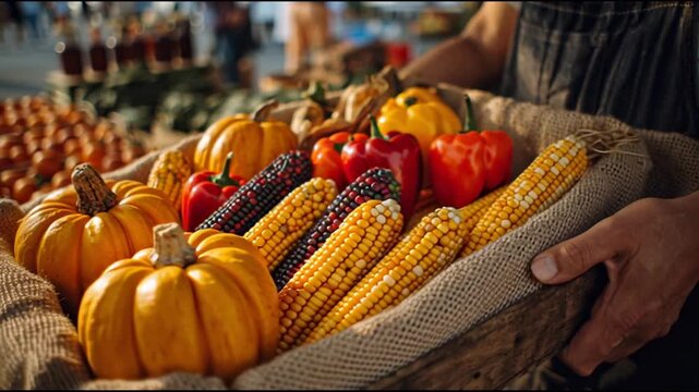 Hands hold the fresh corn, tomato and bell pepper in wooden tray, framed by golden light and subtle market activity.
