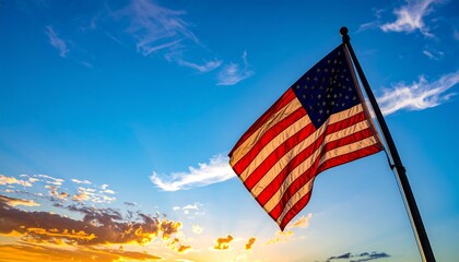 American flag waving at sunset