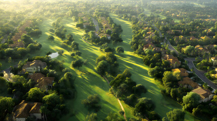 Aerial View of a Luxury Golf Course Community at Golden Hour