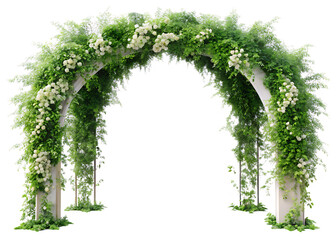 Obraz premium white archway with green vines and white flower isolated on white background ,PNG. AI Generated