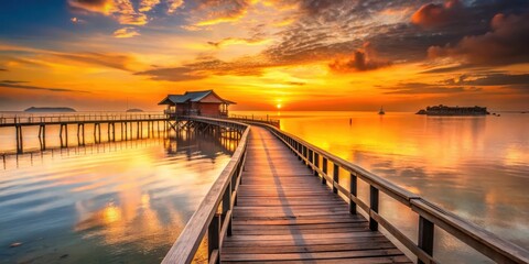 Wooden bridge with stunning views of Clan Tan Jetty against a warm orange sunrise in George Town