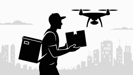 Modern delivery concept featuring a silhouette courier with packages and drone over city, symbolizing fast efficient urban logistics solutions