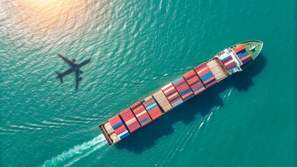 Fototapeta premium Aerial view of a cargo ship with colorful containers at sea, airplane shadow on turquoise ocean waters, symbolizing global trade, shipping, and international transportation routes