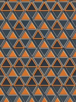 Geometric abstract design featuring interlocking dark grey and orange triangles in a repeating pattern