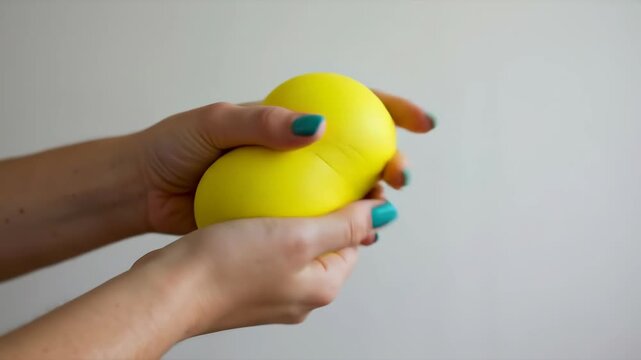 Woman's hands squeezing a yellow stress ball for anxiety relief. Close-up of a sensory fidget toy for managing pressure and tension. Relaxation and mental wellness concept.