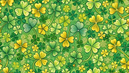 Colorful clover leaf seamless pattern in shades of green and yellow
