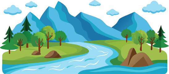 Obraz premium A serene river flows through a landscape of mountains and lush green trees under a clear blue sky. 