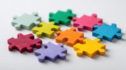 Obraz premium Colorful puzzle pieces arranged on a clean, white surface
