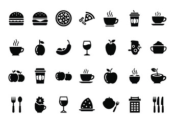 Collection of food and drink icons, including burgers, pizza, coffee, tea, fruit, and cutlery, isolated on a