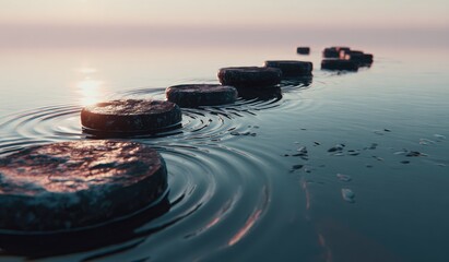 A serene path of smooth stones floats on tranquil water at sunrise, evoking a sense of peace and tranquility.