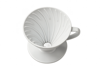 White ceramic V60 pour-over coffee dripper isolated on transparent background
