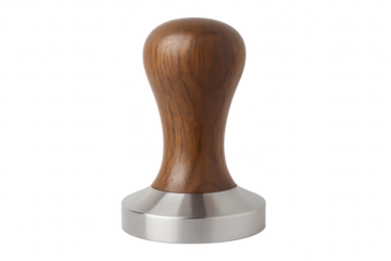 Elegant coffee tamper with wooden handle, isolated on transparent background