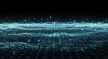 Abstract Network Data Stream Visualizing Digital Information Transferring Through Cyberspace with Binary Numbers and Glowing Dots in Digital World and