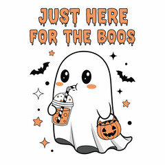 Adorable ghost isolated on white background sipping a beverage and holding a pumpkin basket, ready for halloween trickortreating