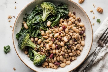 Superfoods on gray background with copy space. Nuts, beans, greens and seeds. Healthy vegetarian food.