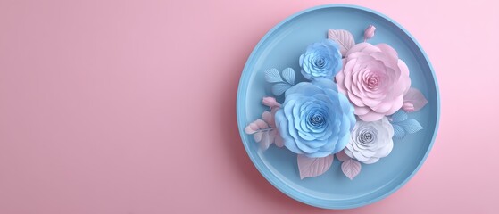 Pastel blue and white paper roses arranged on a plate against a soft pink background, creating a delicate banner for e-commerce, wedding, or craft store concepts.