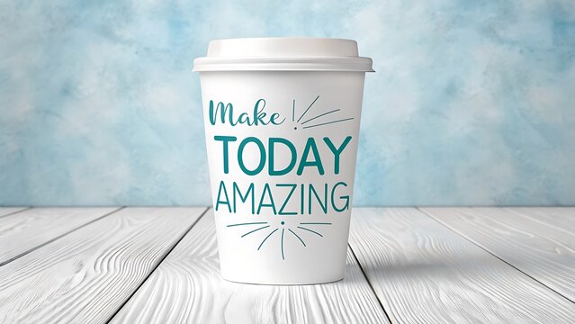 Motivational quote make today amazing printed on white coffee cup with wooden table background