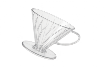 Clear V60 coffee dripper isolated on a transparent backdrop, no background