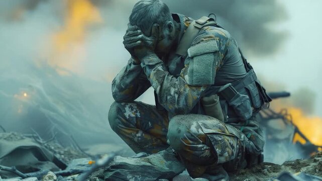 A person sitting on a pile of rubble with a destroyed background, suitable for use in scenes about disaster or devastation