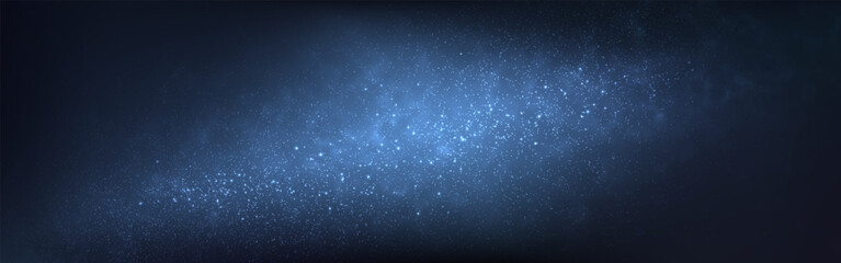 Milky Way galaxy. Starry night sky with glowing blue constellation in deep space. Futuristic astronomy background with stardust particles. Beautiful blue nebula. Vector Illustration.
