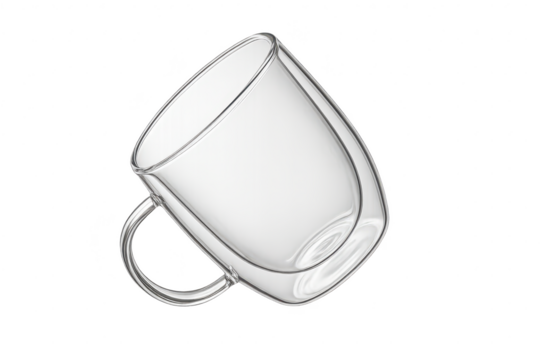 Elegant double walled glass mug isolated on transparent background, empty cup