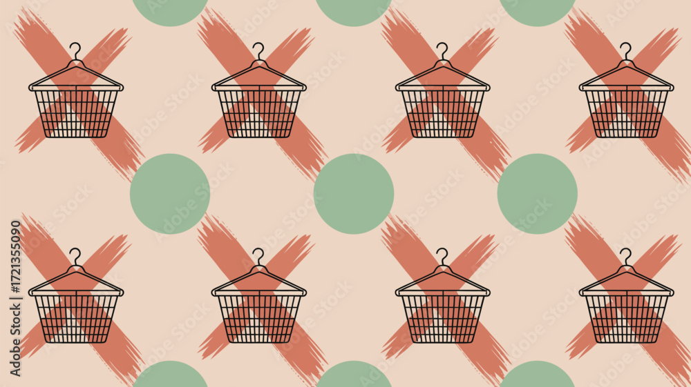 Poster a repeating pattern of basket hangers over painted x shapes and circles on a light background