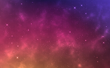 Galaxy background with vibrant color nebula clouds and glowing stars. Beautiful dreamy sky. Colorful cosmic wallpaper. Fantasy milky way. Starry universe. Vector Illustration.