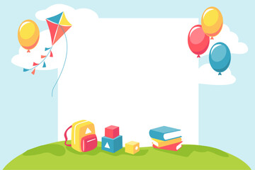 Colorful diploma design featuring school elements like books, balloons, and a backpack on a grassy hill.