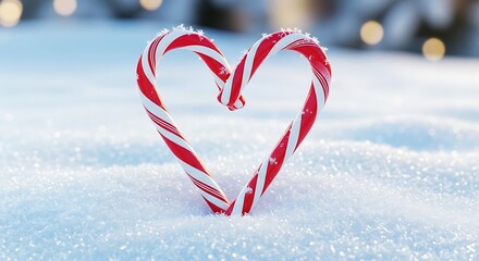 Two candy canes forming a heart shape in the snow, symbolizing love and sweetness during the winter season, with a bokeh background