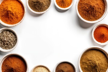 Food background with spices, herbs and utensil on white background.
