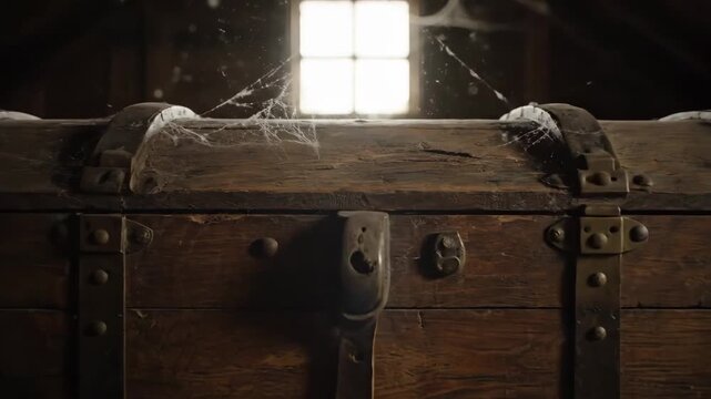 An old, dusty wooden trunk with metal straps and a latch, covered in cobwebs, in a dimly lit attic with a window in the background.