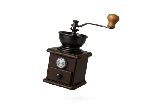 Vintage coffee grinder isolated on transparent background, professional cut-out
