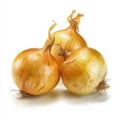 Three whole golden yellow onions isolated on pure white background, photorealistic still life with natural texture and fresh vegetable concept.